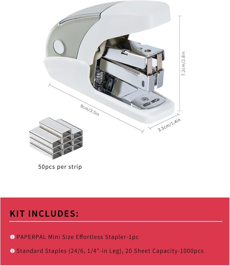 PAPERPAL Effortless Mini Stapler Set, 20 Sheet Capacity, Integrated Remover & Staple Storage, Holds 1/4" Staples, Includes 1000 Staples, Lightweight, Office, School & Daily Use, White - Image 2